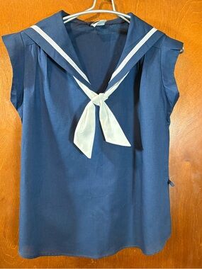 Vintage Topson Downs Navy Sailor-Style Sleeveless Blouse with White Tie